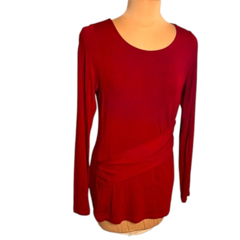 CAbi Burgundy Ruched Asymmetrical Long Sleeve Knit Top Size Small